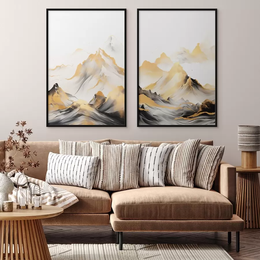 carta da parati Montagne gialle e nere con cime innevate, stile pittorico a inchiostro, catena montuosa minimalista nr. d01002