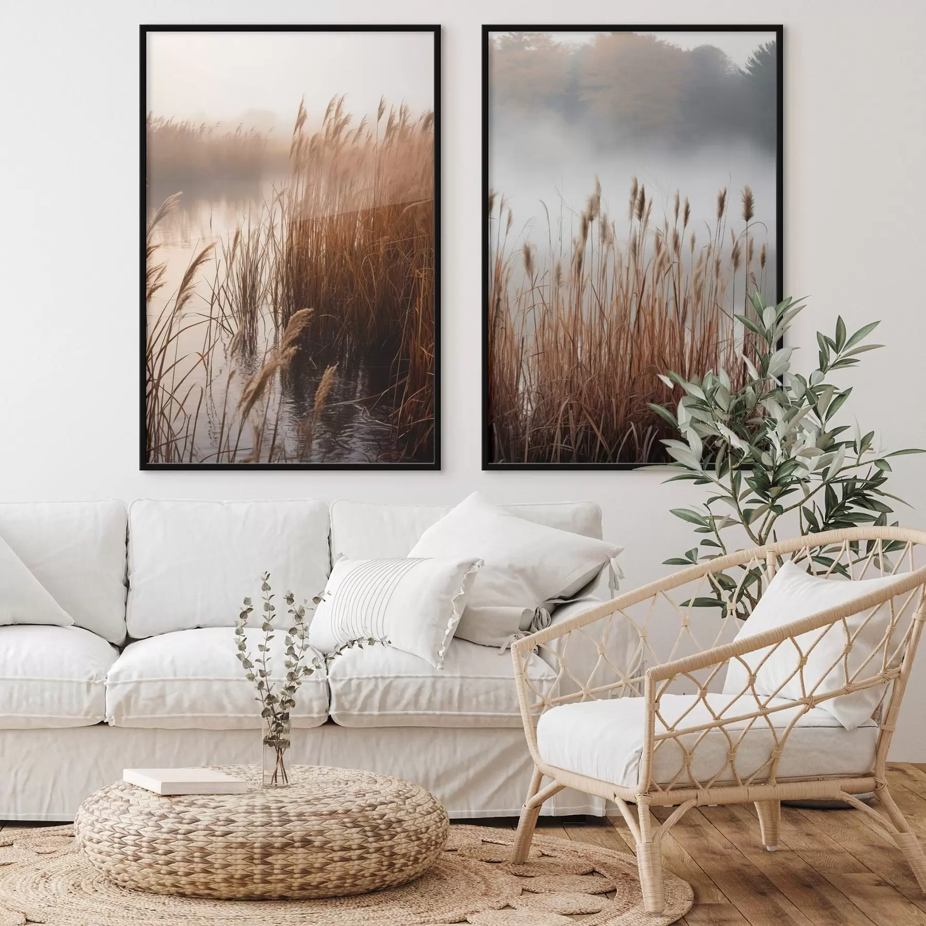 carta da parati Alte canne che crescono in uno specchio d'acqua, l'acqua riflette le canne, sfondo nebbioso, luce soffusa, scena naturale nr. d01008