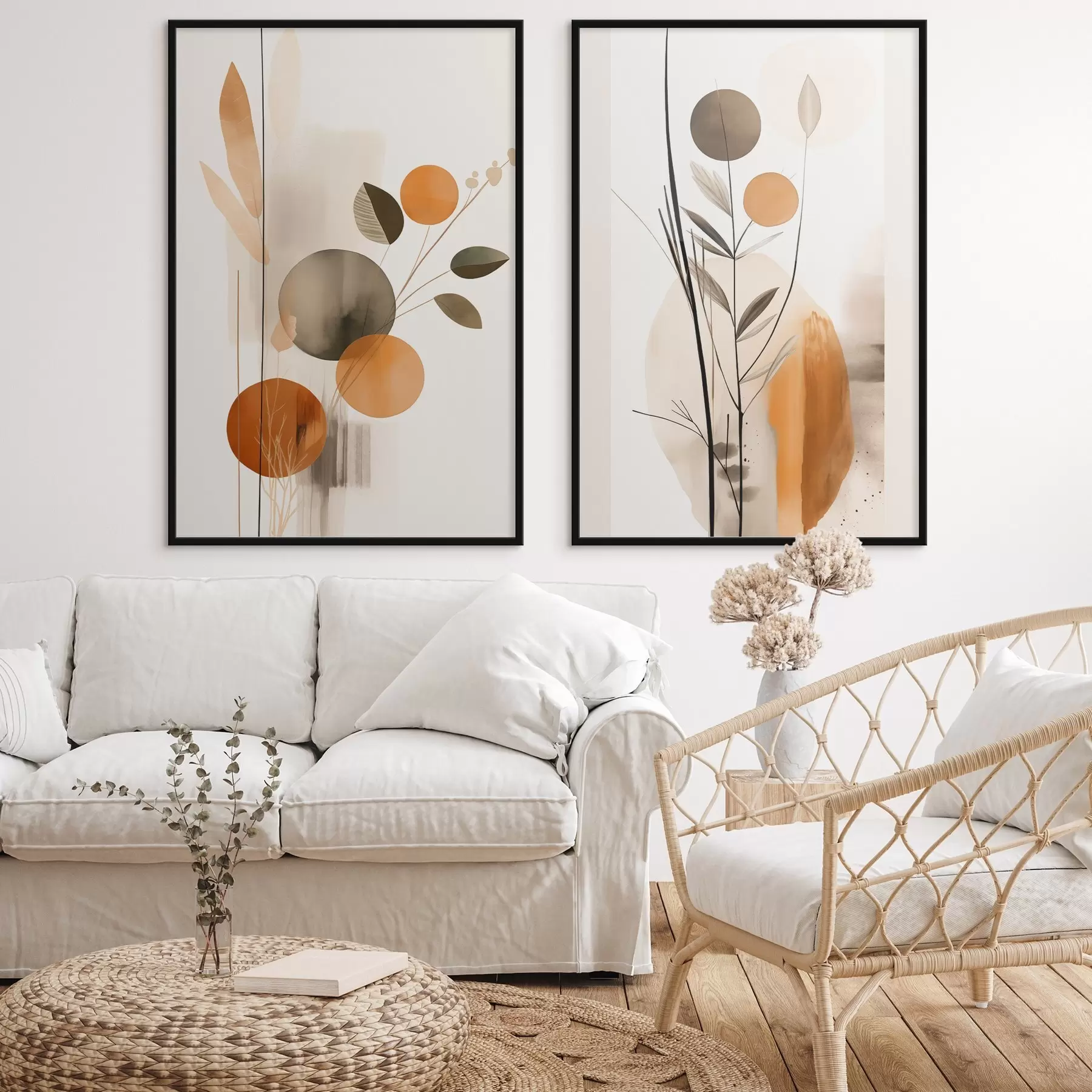 carta da parati Imitazione di pittura astratta con cerchi arancioni e grigi, foglie e rami, stile moderno, effetto acquerello nr. d01009