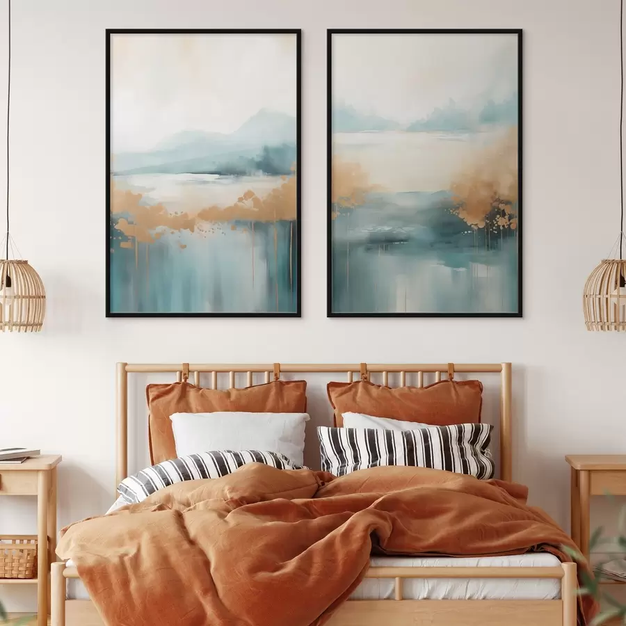 carta da parati Paesaggio astratto con montagne e lago in verde acqua e giallo materico, pennellate morbide, opera d'arte minimalista nr. d01012