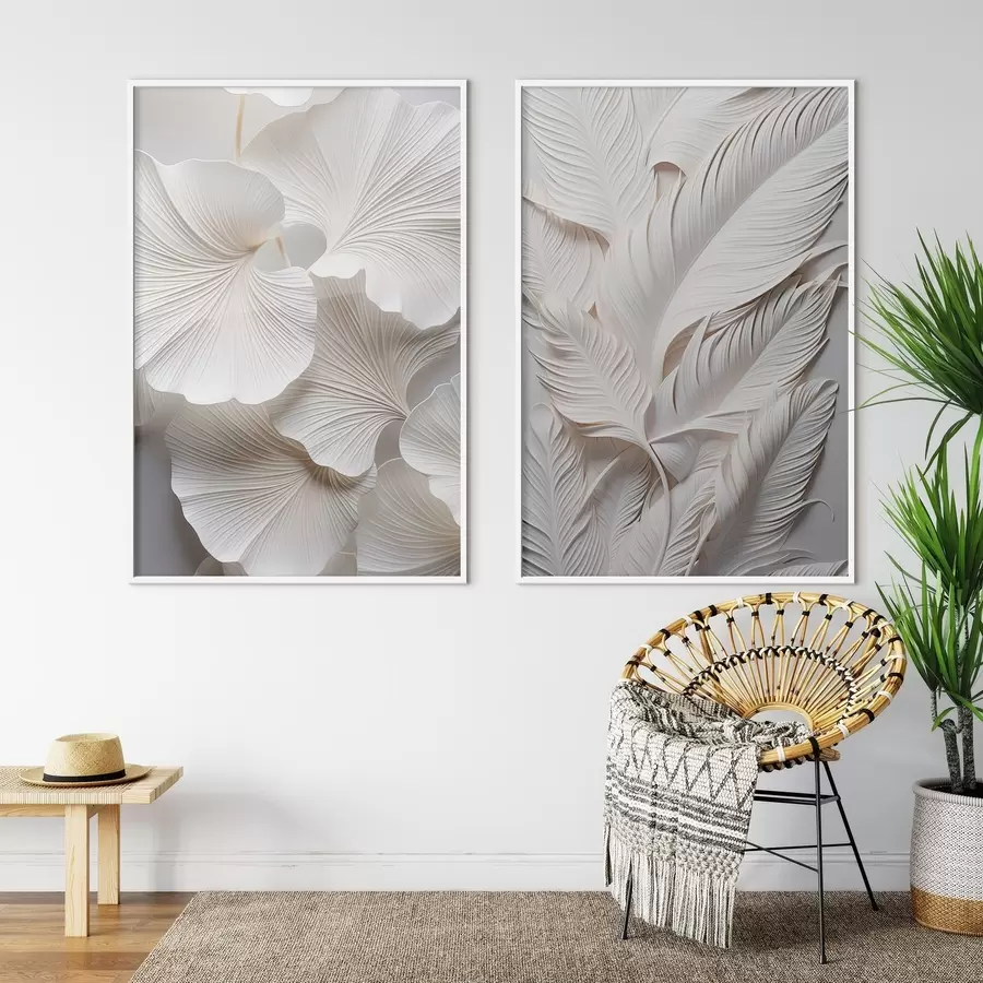 carta da parati Foglie bianche di ginkgo e foglie lunghe con dettagli intricati, che creano un effetto strutturato e stratificato, arte minimalista. nr. d01013