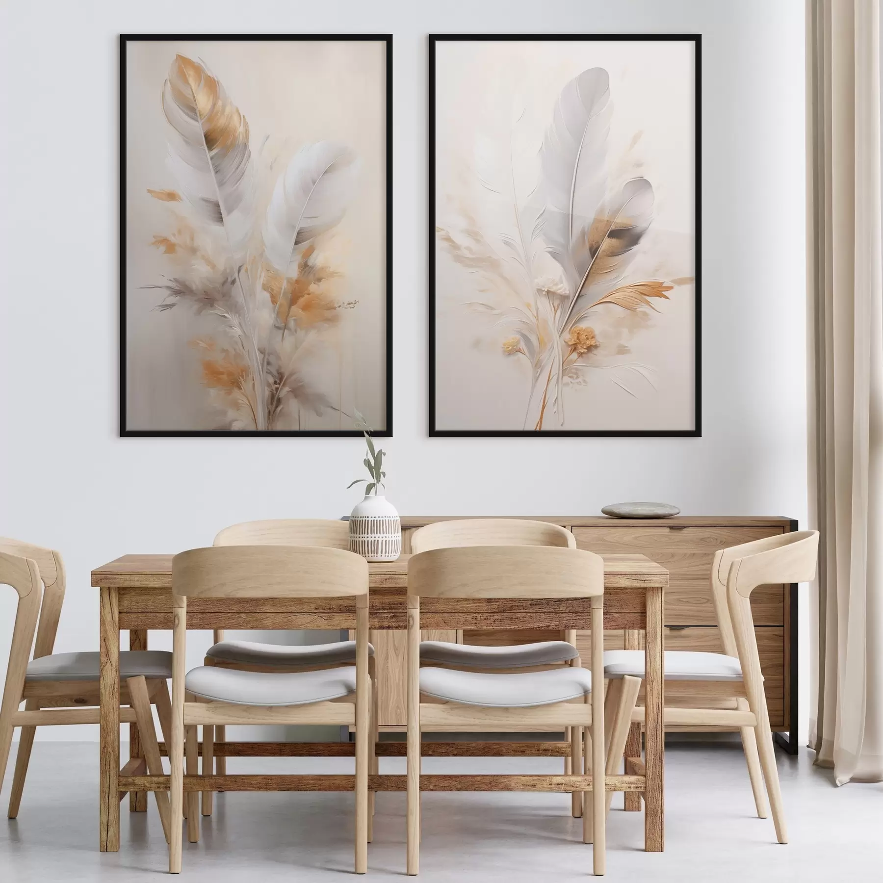 carta da parati Piume astratte, circondate da pennacchi beige e marroni, morbide e delicate, su uno sfondo beige chiaro. nr. d01016