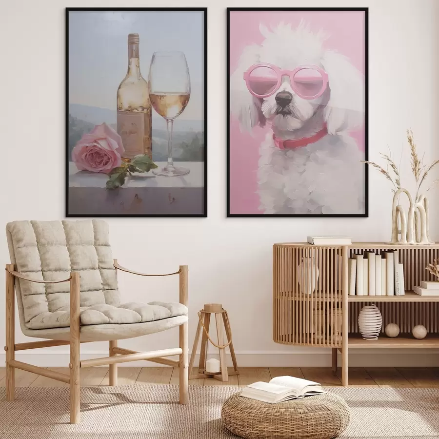 carta da parati Una bottiglia e un bicchiere di vino e un barboncino con gli occhiali, dipinto imitazione nr. d01021