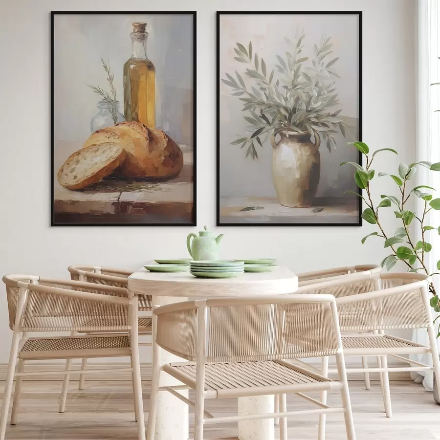 carta da parati Rami d'ulivo in un vaso, pane e una bottiglia d'olio, dipinto imitazione nr. d01035