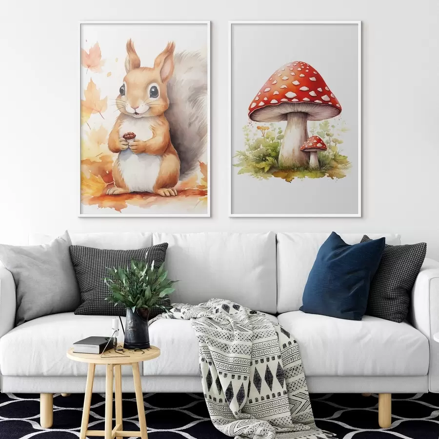 carta da parati Scoiattolo e fungo di bosco, fungo velenoso, acquerello imitazione nr. d01049