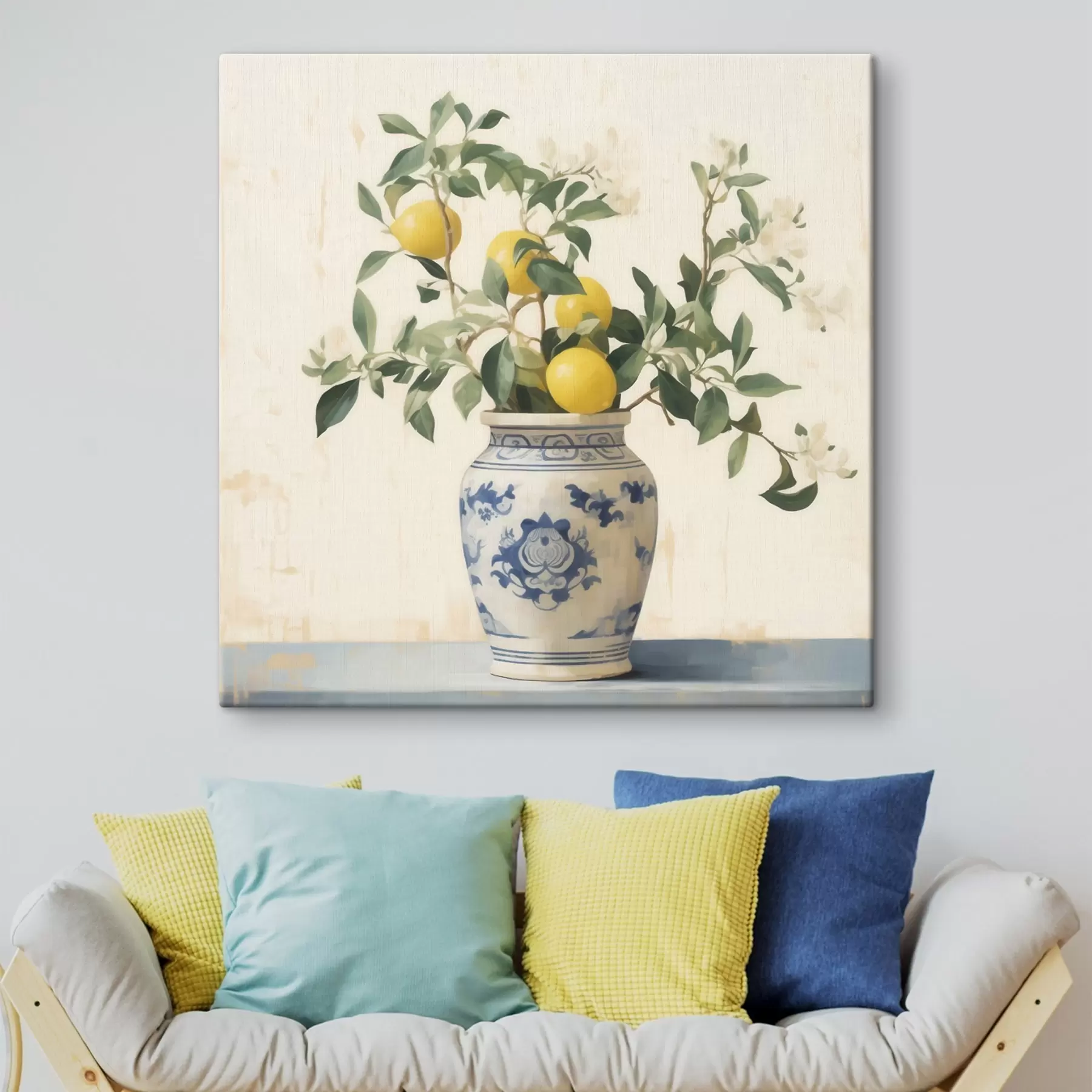 carta da parati Limoni in un vaso di ceramica blu e bianco in stile pittura a olio nr. s46924