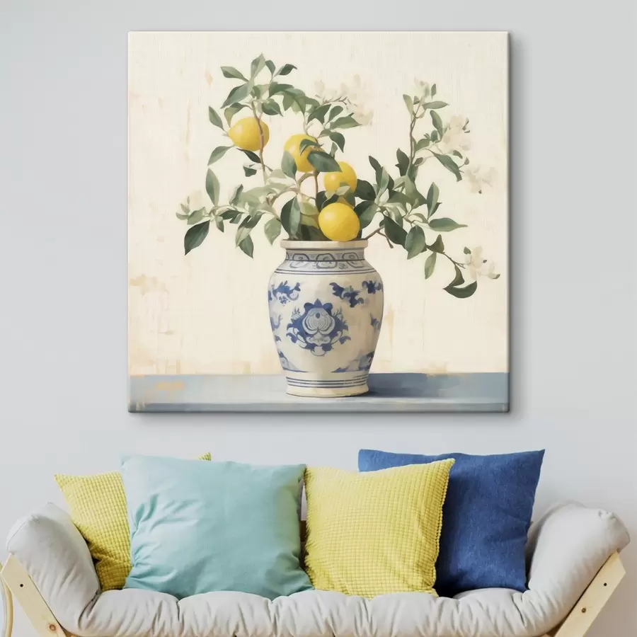 carta da parati Limoni in un vaso di ceramica blu e bianco in stile pittura a olio nr. s46924