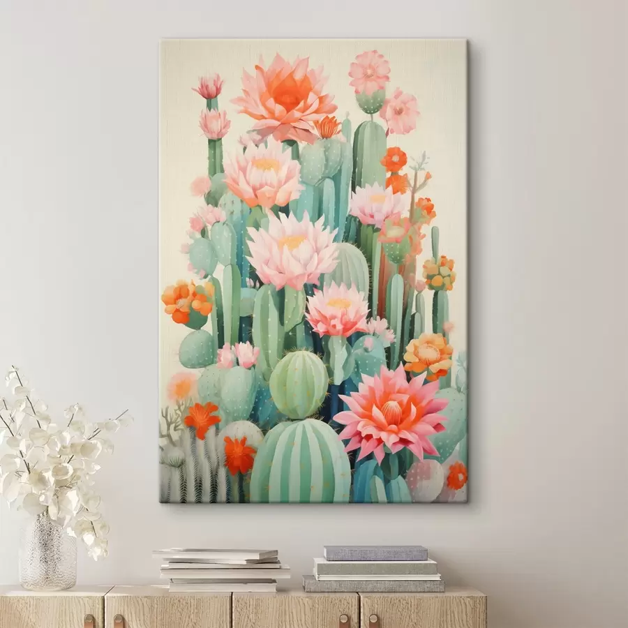 carta da parati Cactus in fiore con fiori rosa e arancioni in stile illustrativo nr. s46934