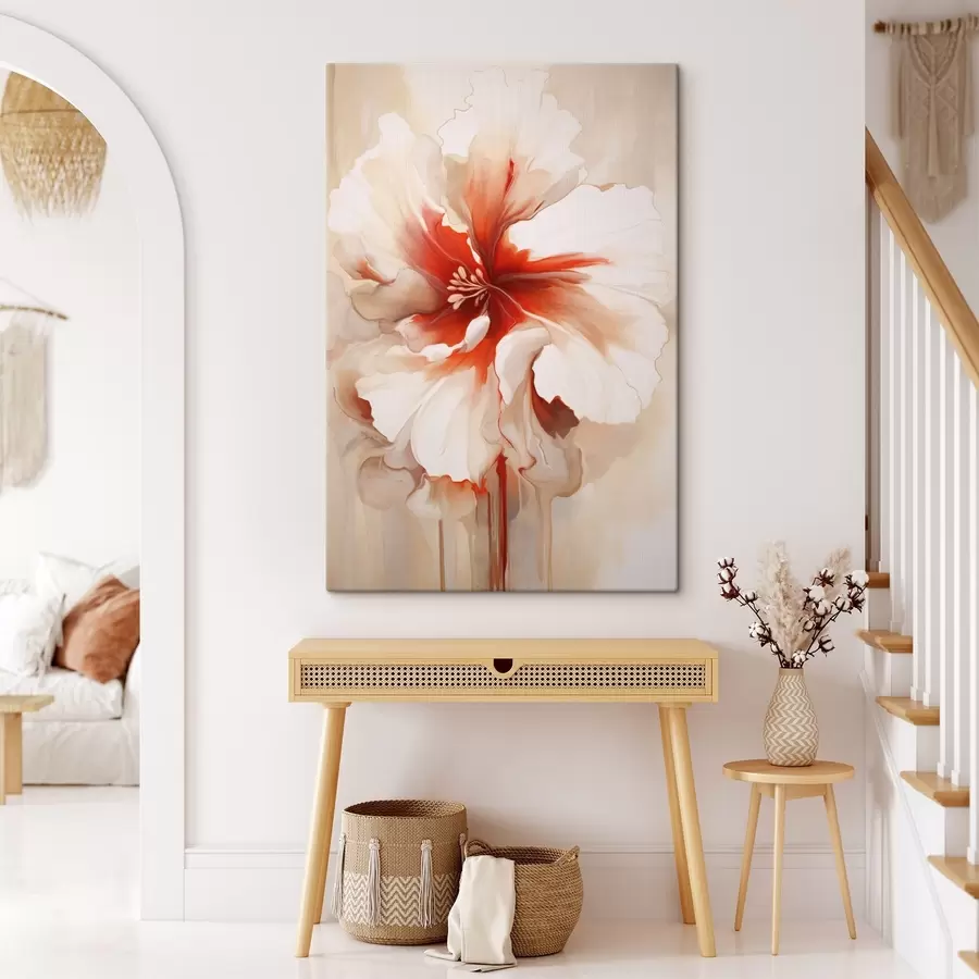 carta da parati Primo piano di un fiore bianco e rosso con petali semitrasparenti e gocce di vernice che colano nr. s46941