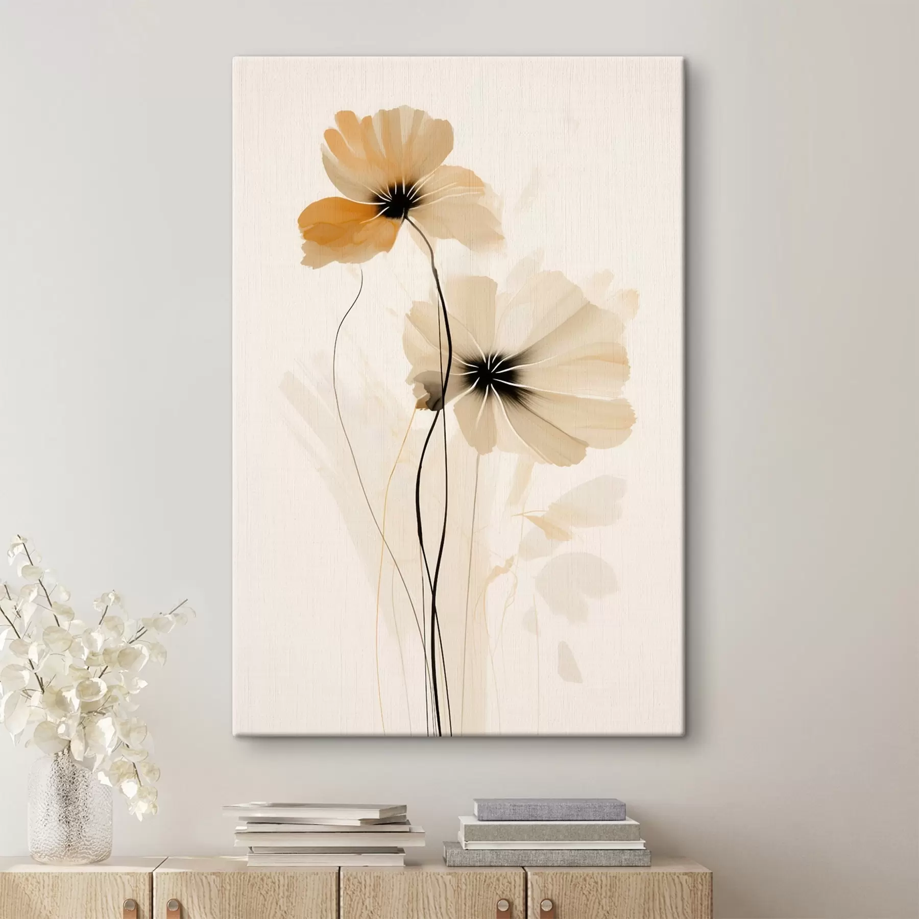 carta da parati Fiori in una palette beige-pesca con centri scuri in stile minimalista nr. s46945