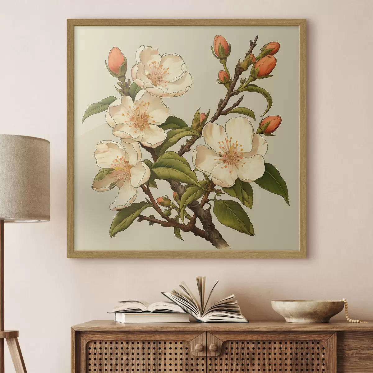 Poster Ramo fiorito con fiori bianchi su sfondo beige nello stile dell'illustrazione classica f46923