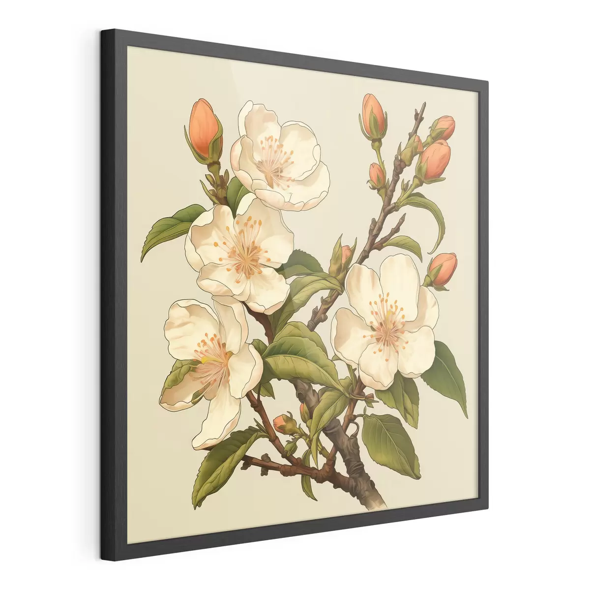 Poster Ramo fiorito con fiori bianchi su sfondo beige nello stile dell'illustrazione classica f46923