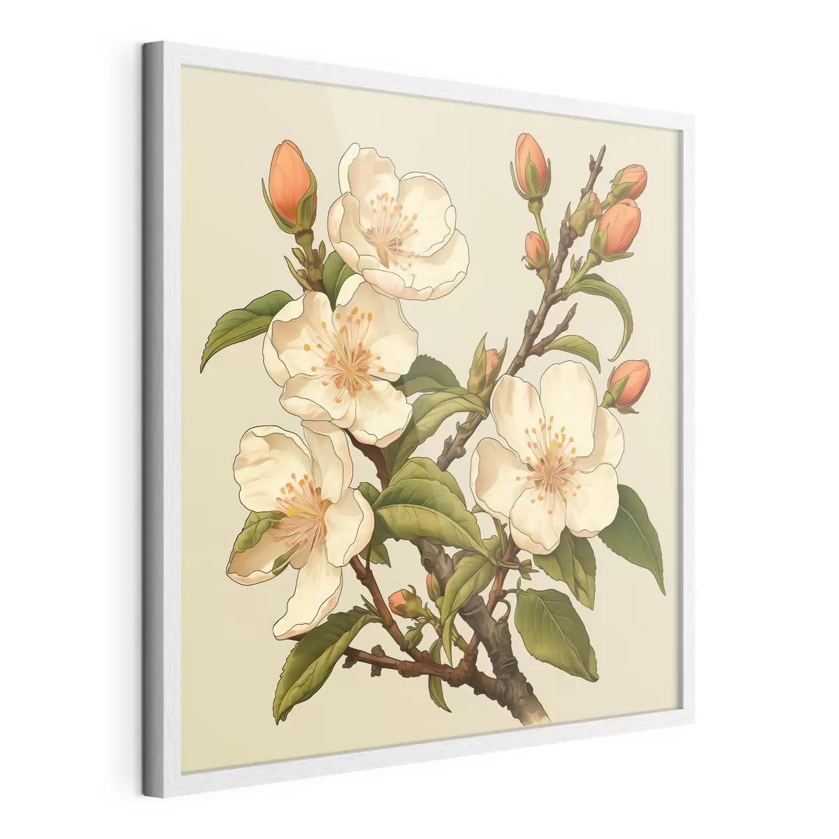 Poster Ramo fiorito con fiori bianchi su sfondo beige nello stile dell'illustrazione classica f46923