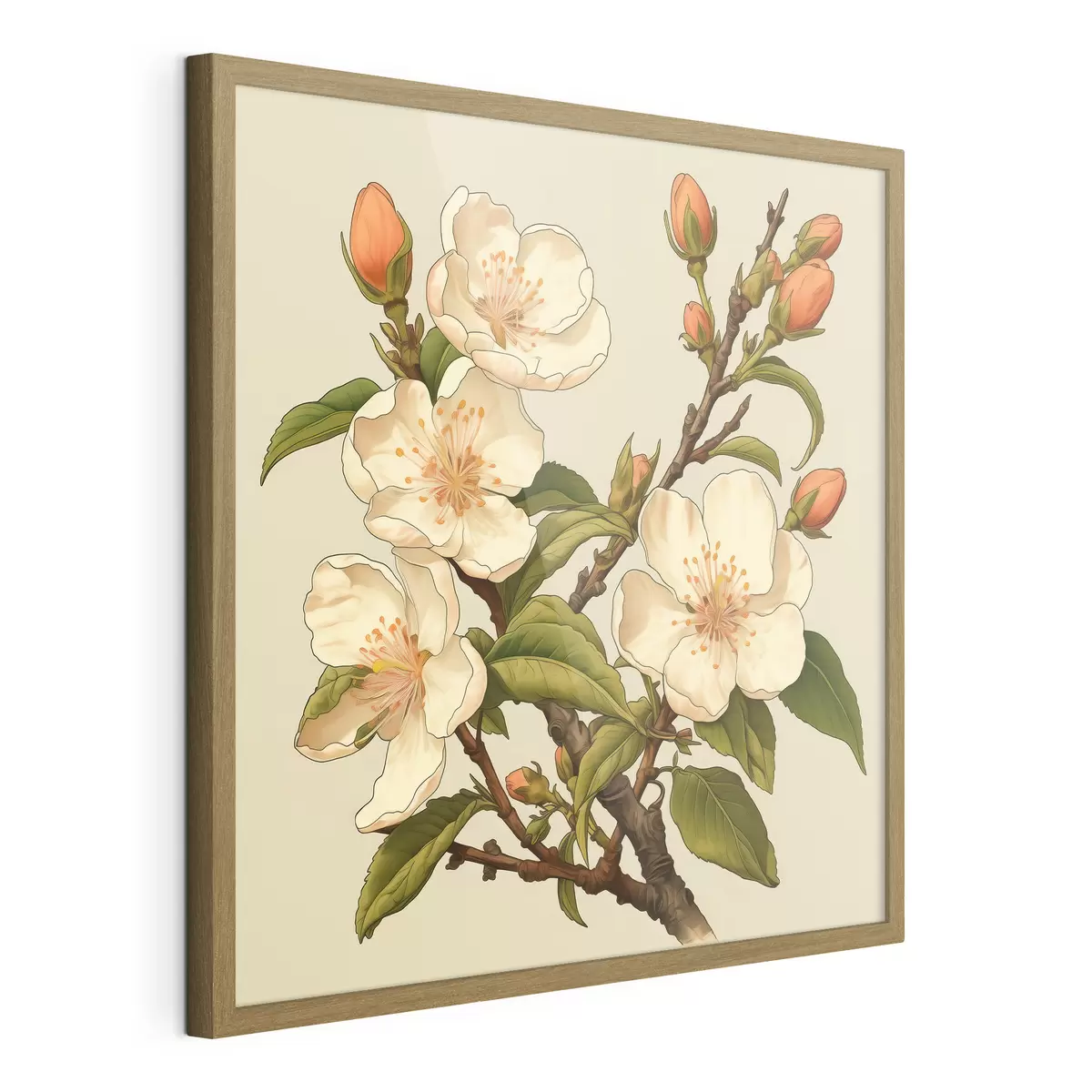 Poster Ramo fiorito con fiori bianchi su sfondo beige nello stile dell'illustrazione classica f46923
