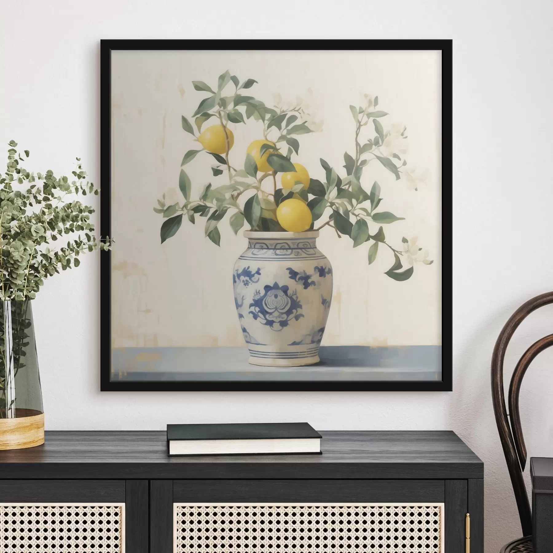 carta da parati Limoni in un vaso di ceramica blu e bianco in stile pittura a olio nr. f46924