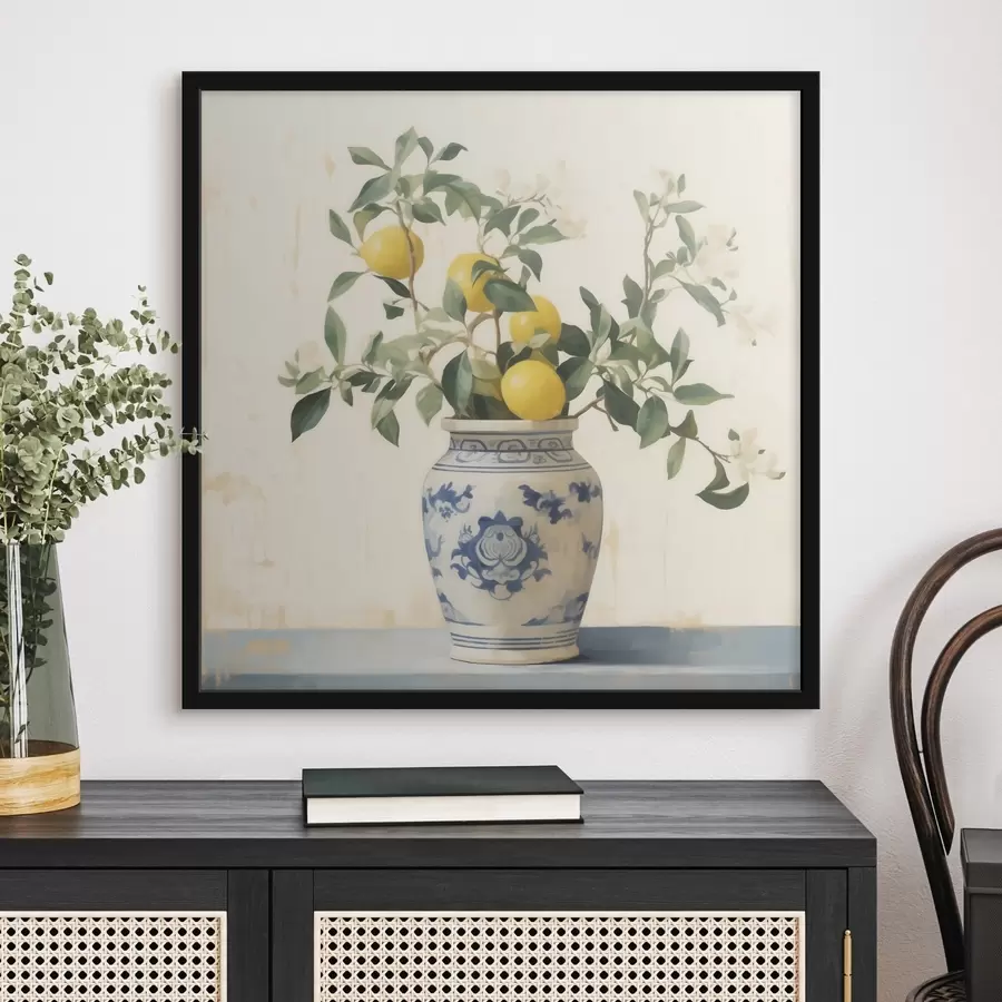 carta da parati Limoni in un vaso di ceramica blu e bianco in stile pittura a olio nr. f46924