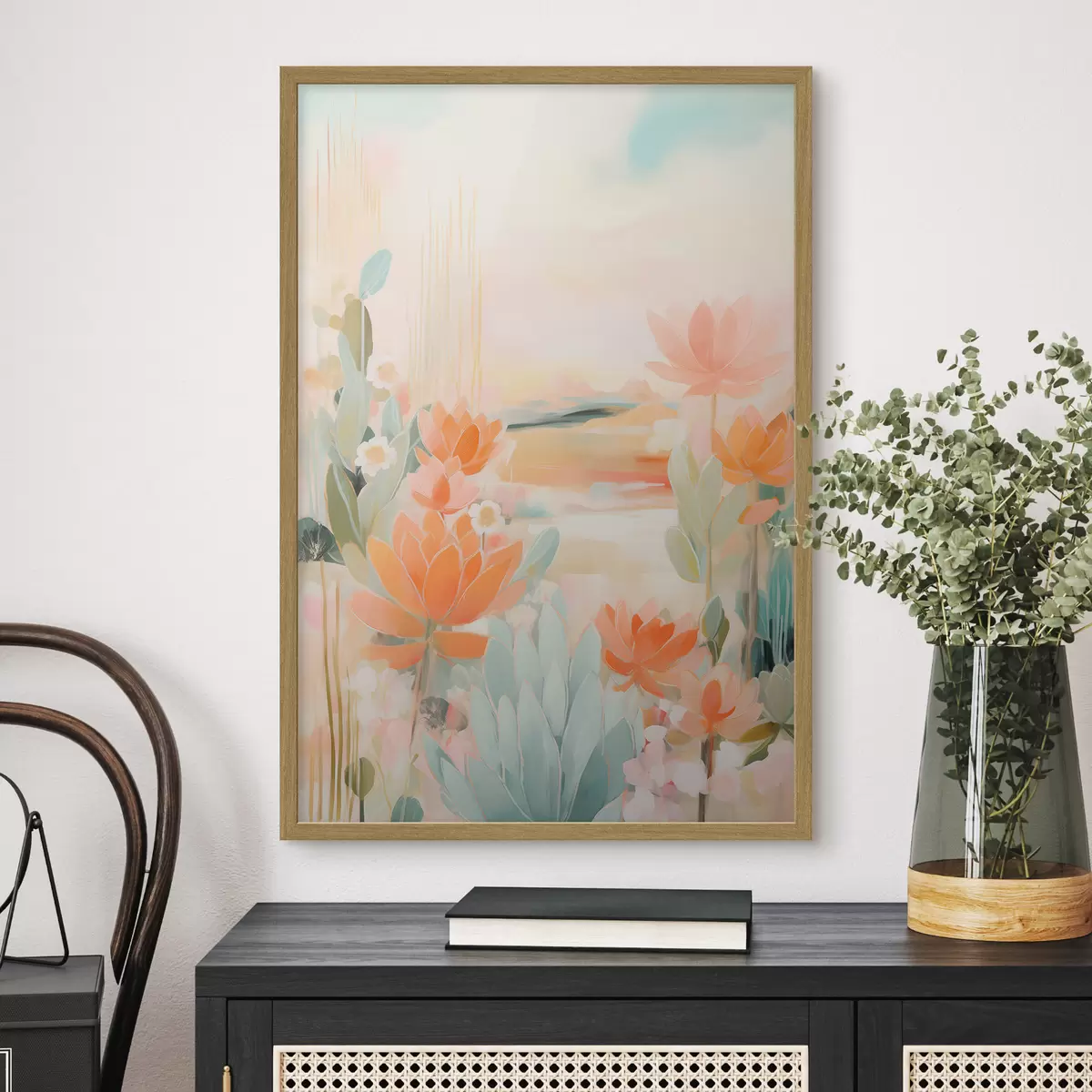 Poster Paesaggio floreale nei toni del rosa e del blu in uno stile pittorico contemporaneo f46931