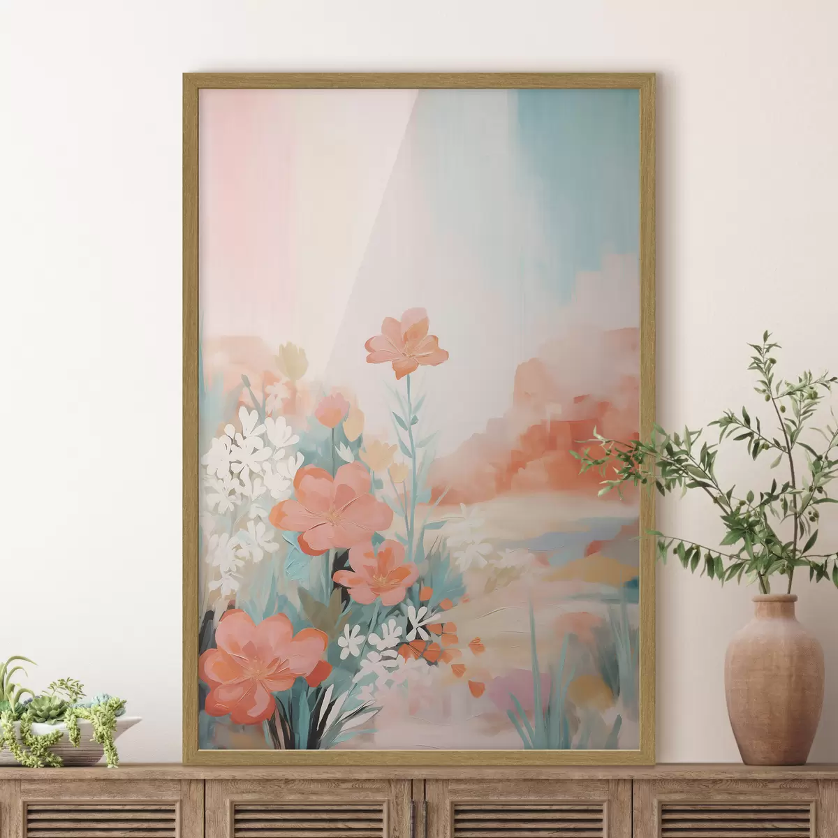 Poster Paesaggio floreale astratto in una palette di colori rosa e blu f46932
