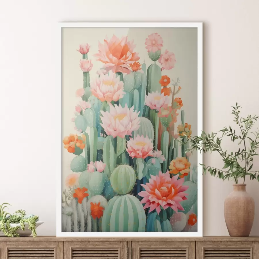 carta da parati Cactus in fiore con fiori rosa e arancioni in stile illustrativo nr. f46934