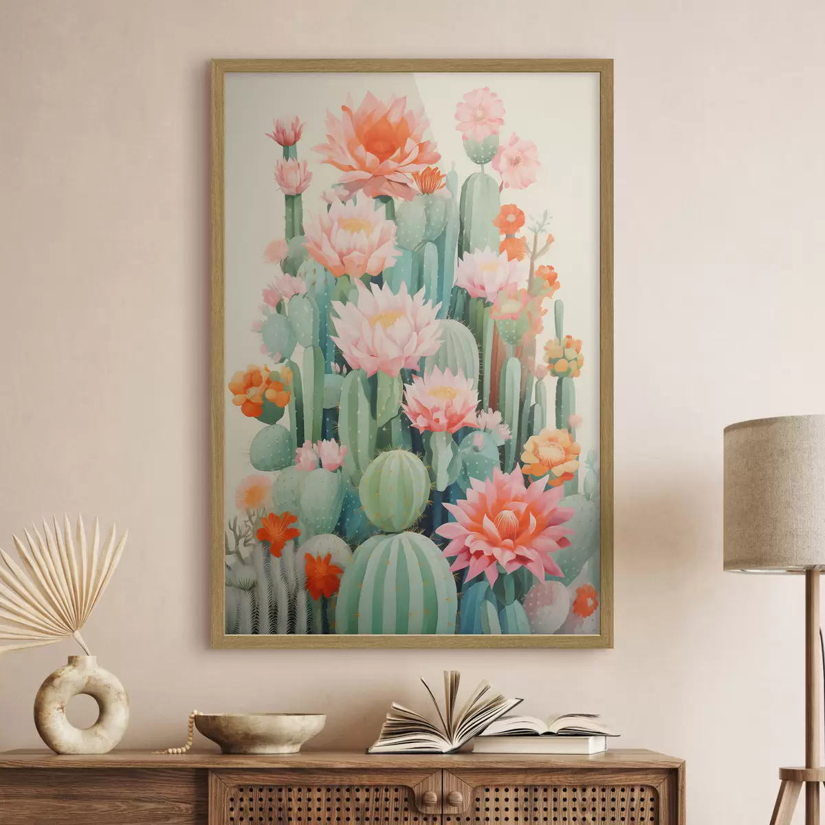 Poster Cactus in fiore con fiori rosa e arancioni in stile illustrativo f46934