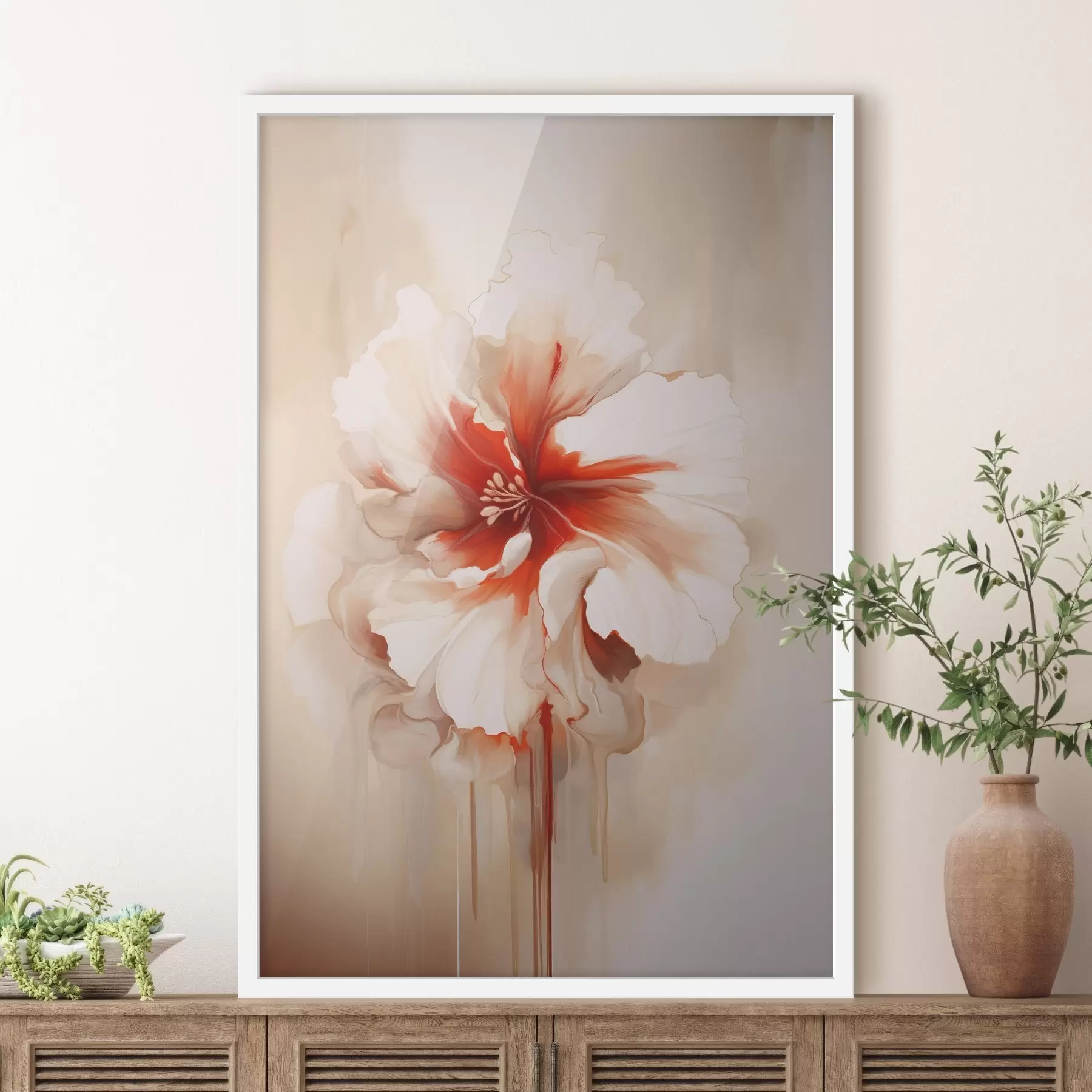 carta da parati Fiore bianco e rosso con petali semitrasparenti e gocce di vernice che colano nr. f46940