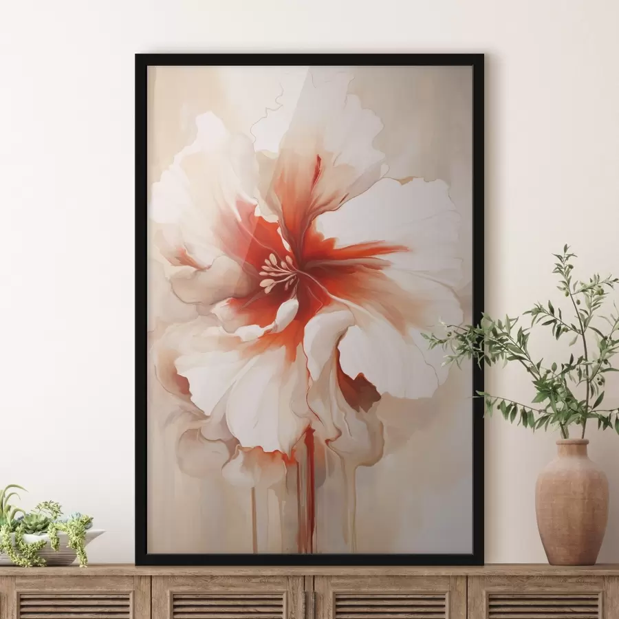 carta da parati Primo piano di un fiore bianco e rosso con petali semitrasparenti e gocce di vernice che colano nr. f46941