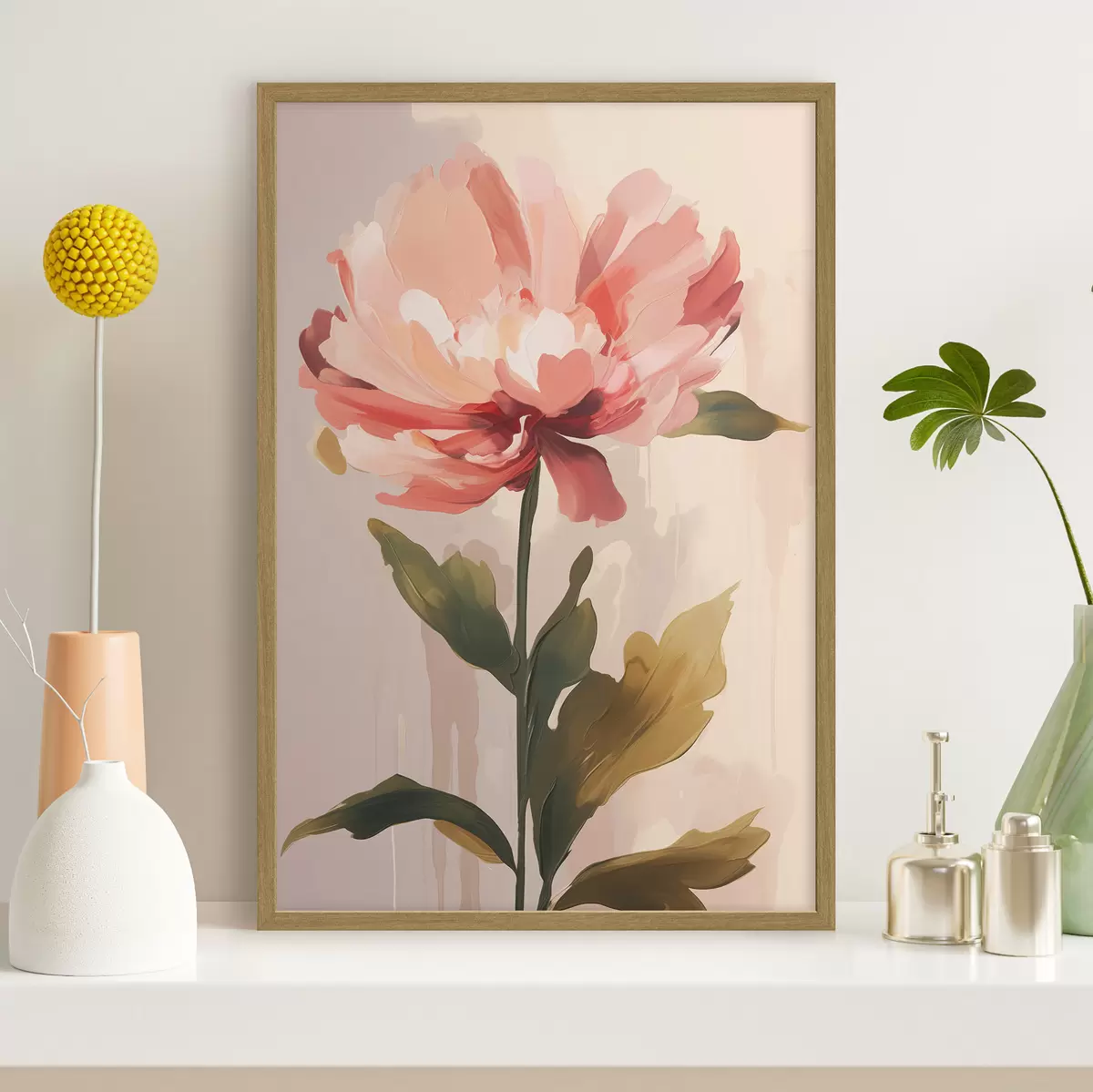 Poster Peonia con petali rosa corallo in uno stile illustrativo moderno f46948