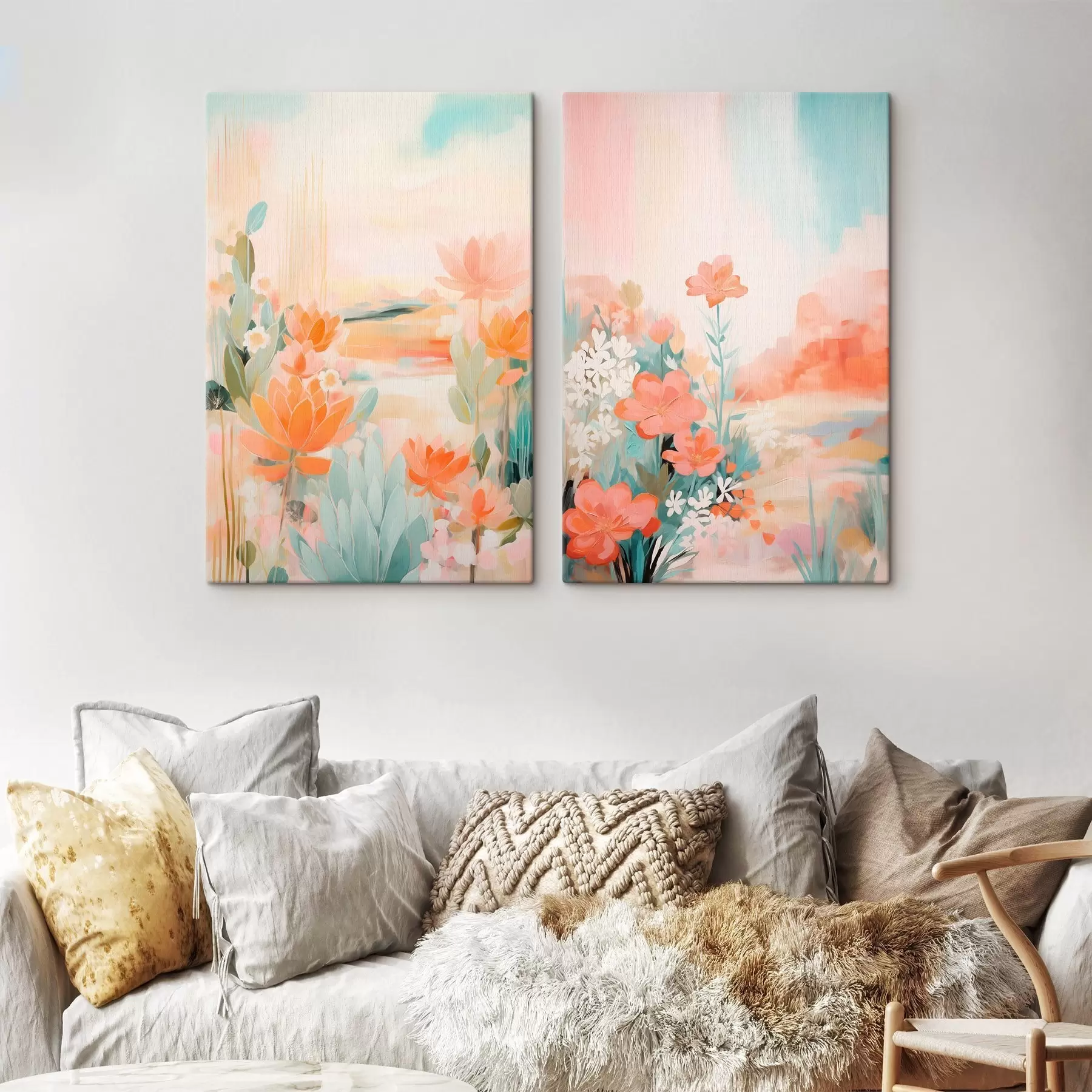 carta da parati Motivi floreali in tonalità pastello sullo sfondo di una valle leggermente nebbiosa nr. m01085