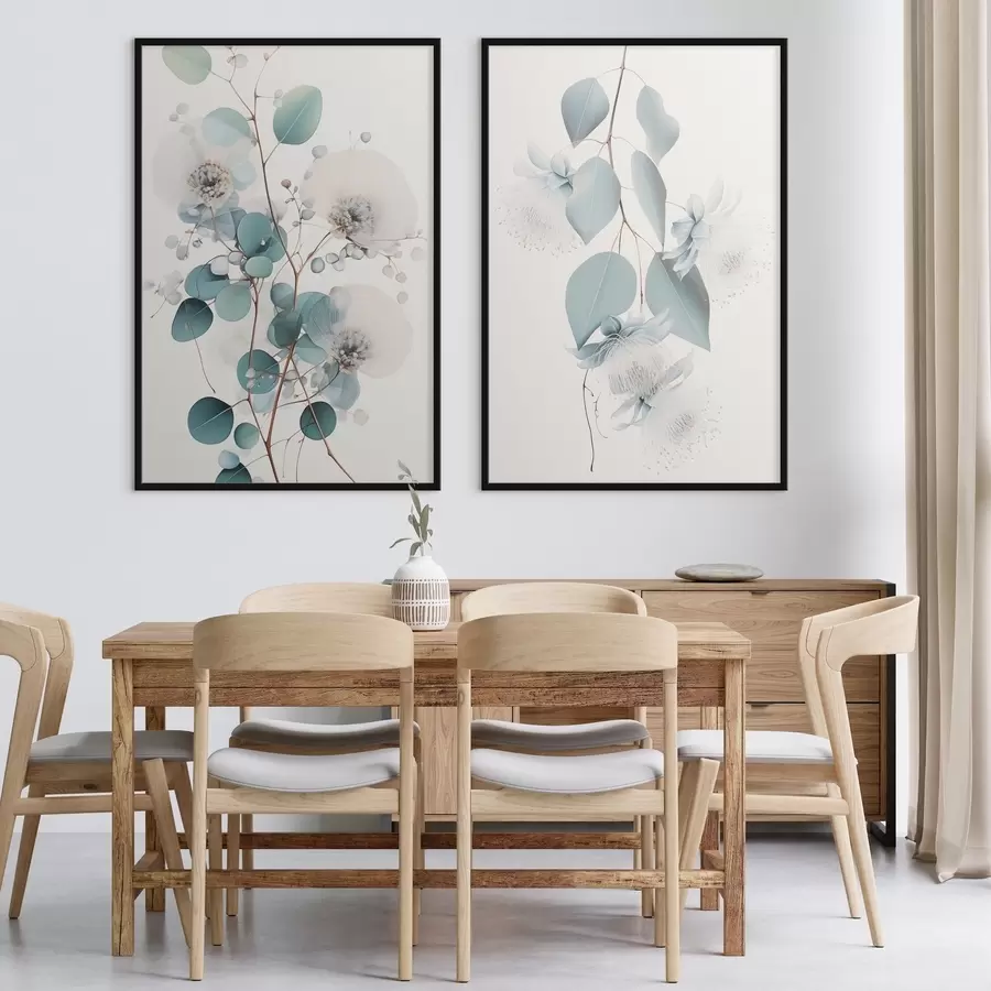 carta da parati Ramo di eucalipto con foglie blu e fiori bianchi, sfondo chiaro nr. d00829