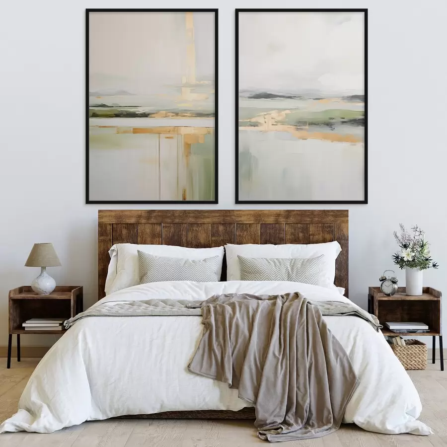 carta da parati Paesaggio astratto con accenti gialli, una composizione minimalista di terra, acqua e cielo, con colori tenui nr. d00877