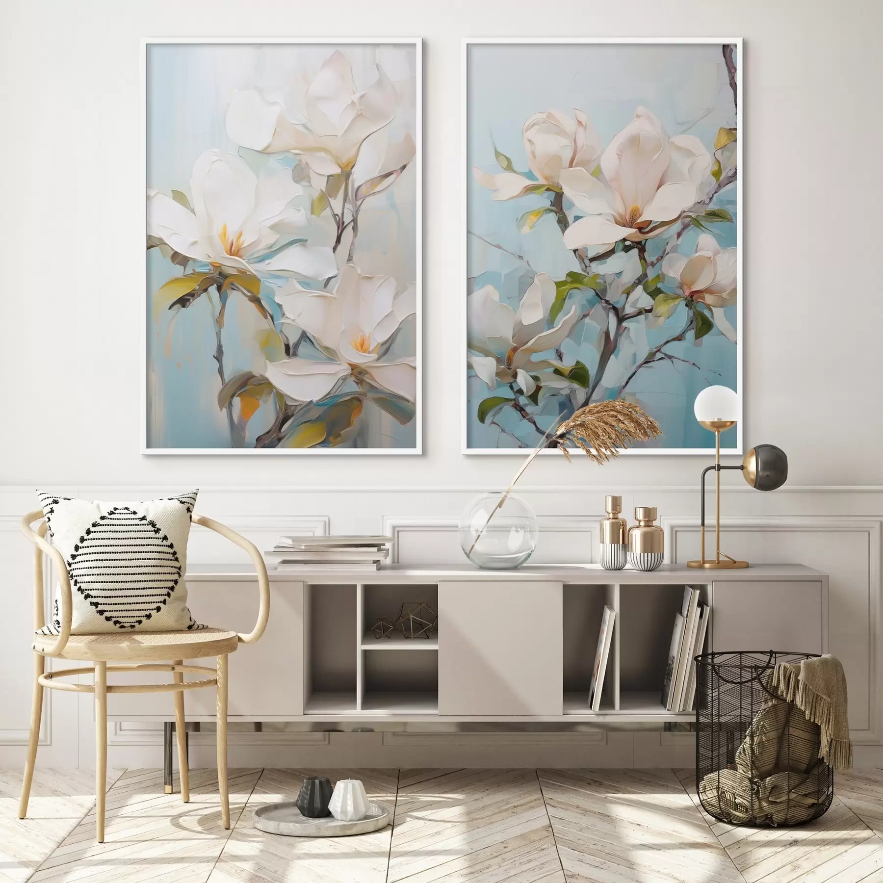 carta da parati Fiori di magnolia bianchi, sfondo azzurro con pennellate morbide, stile pittura a olio, texture impastata nr. d00881