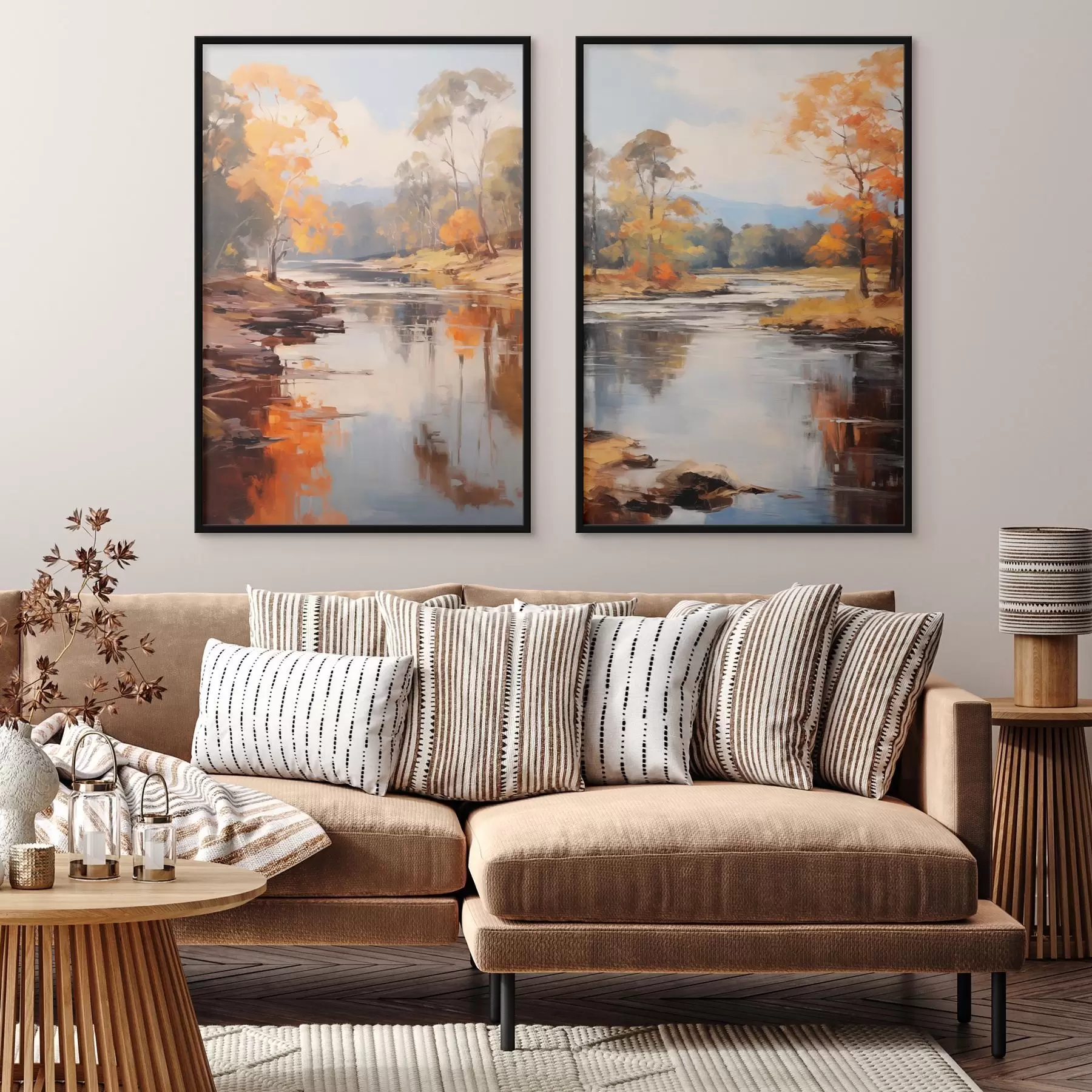 carta da parati Paesaggio autunnale, fiume con alberi sulla riva, foresta sullo sfondo, riflessi sull'acqua nr. d00883