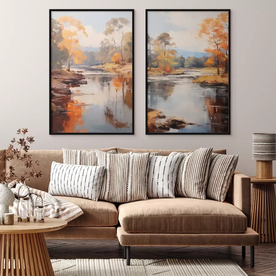 carta da parati Paesaggio autunnale, fiume con alberi sulla riva, foresta sullo sfondo, riflessi sull'acqua nr. d00883