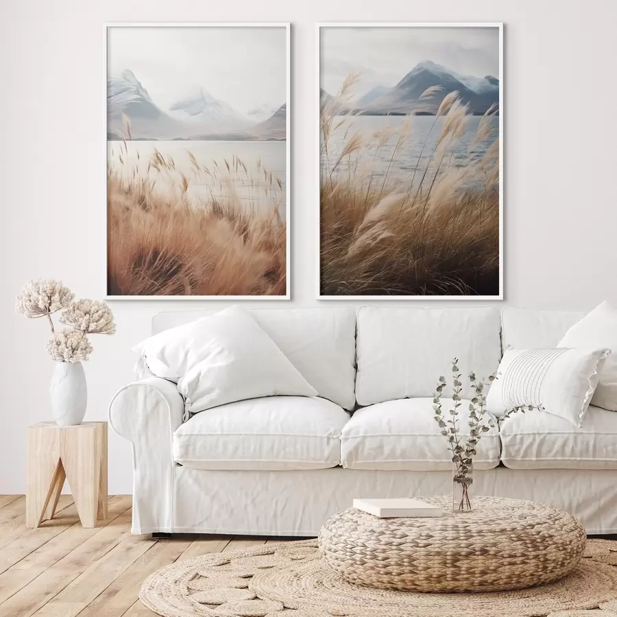 carta da parati Erba della Pampa con un lago e montagne sullo sfondo, illuminazione soffusa, colori tenui, stile naturalistico nr. d00884