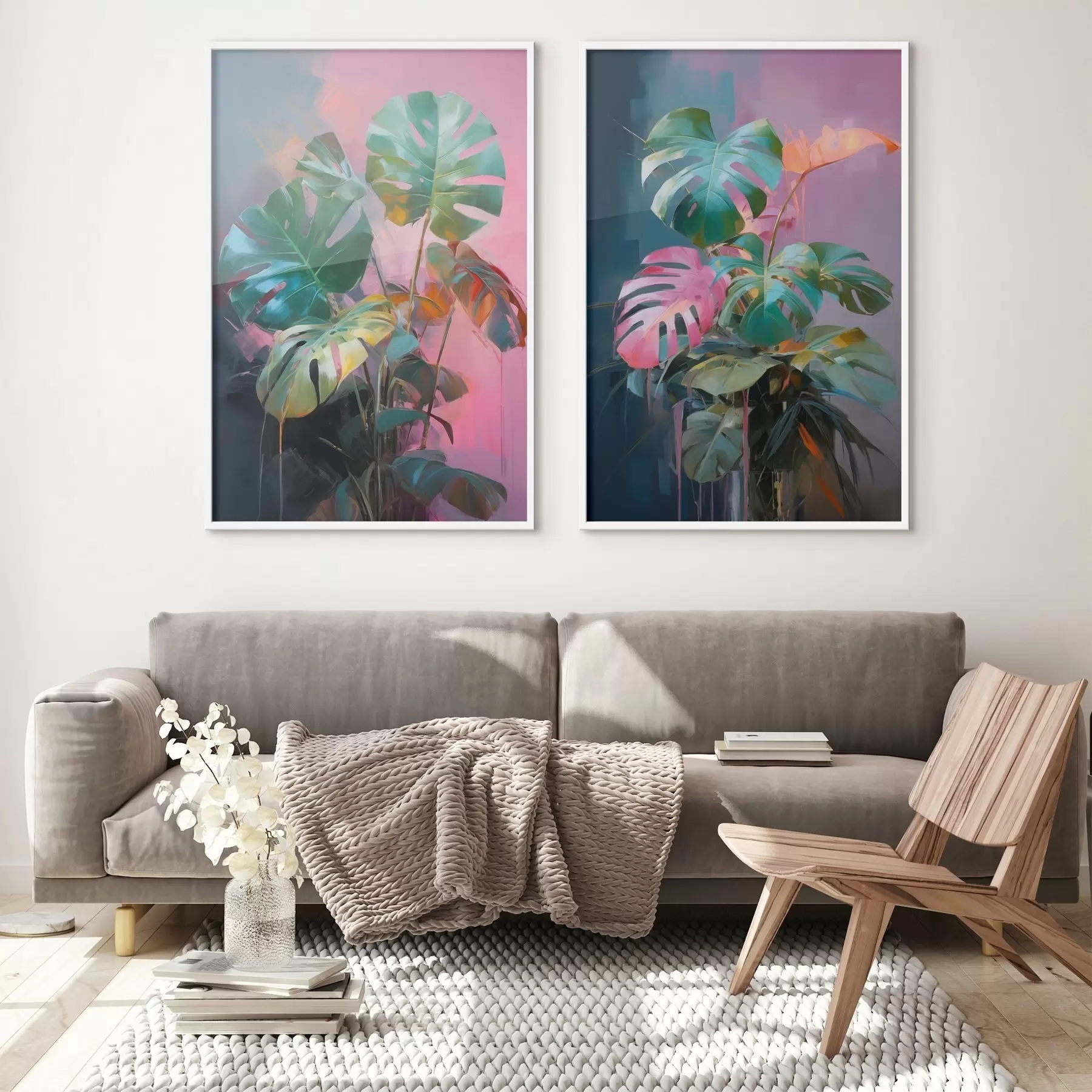 carta da parati Pianta astratta di monstera con foglie verde brillante, su uno sfondo di delicate tonalità rosa e viola nr. d00886