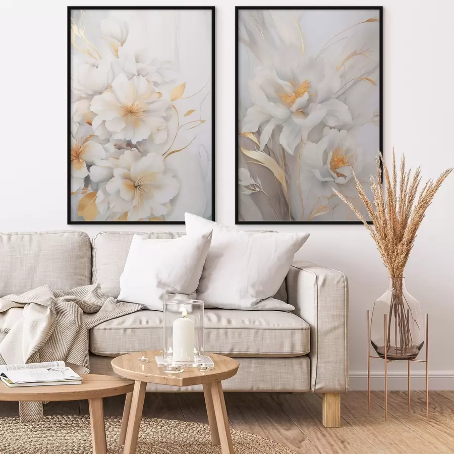 carta da parati Fiori bianchi con dettagli gialli, petali con sfumature delicate, sfondo chiaro con sottile effetto marmorizzato nr. d00889