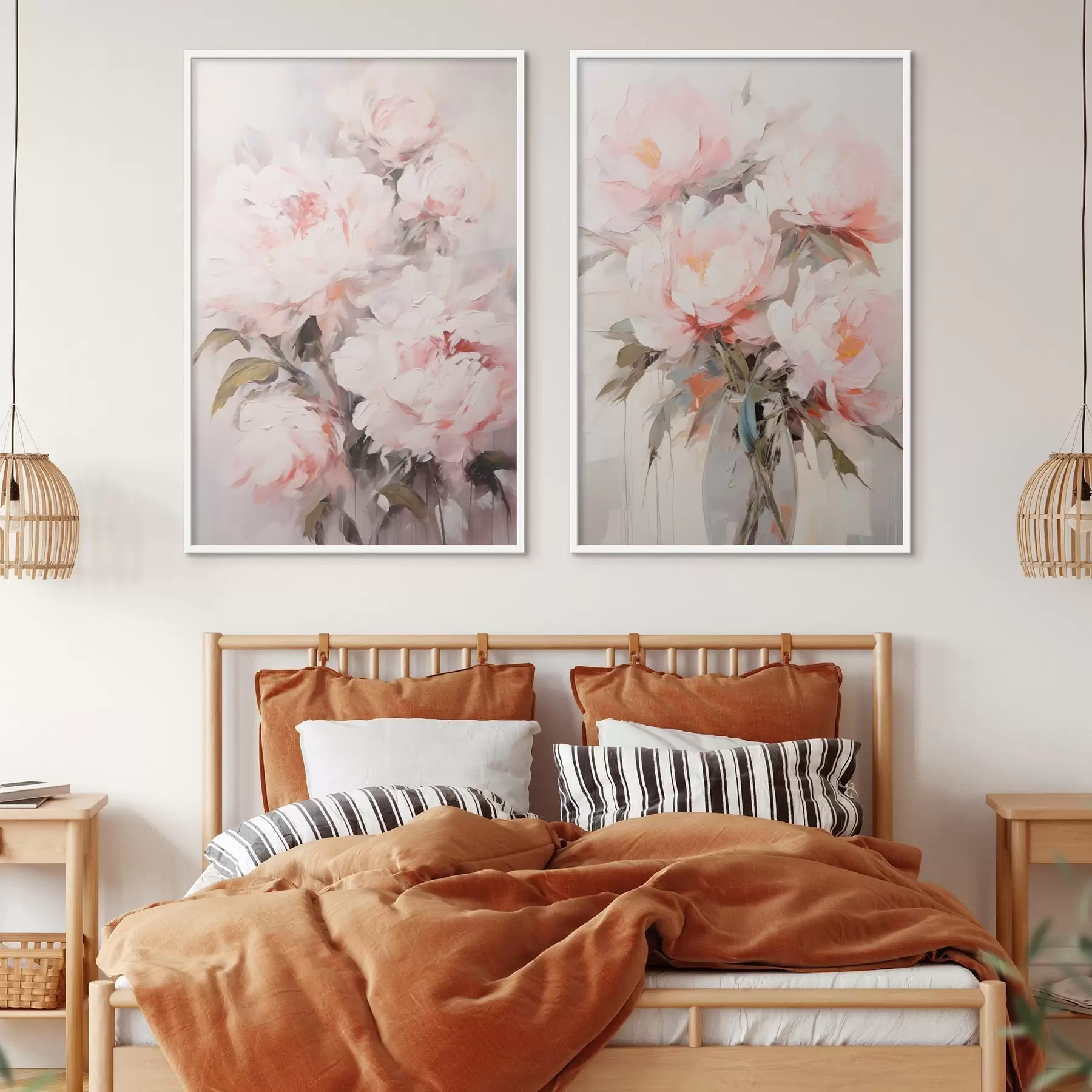 carta da parati Un bouquet di peonie rosa chiaro con foglie verdi, pennellate morbide, colori pastello, su uno sfondo chiaro nr. d00890