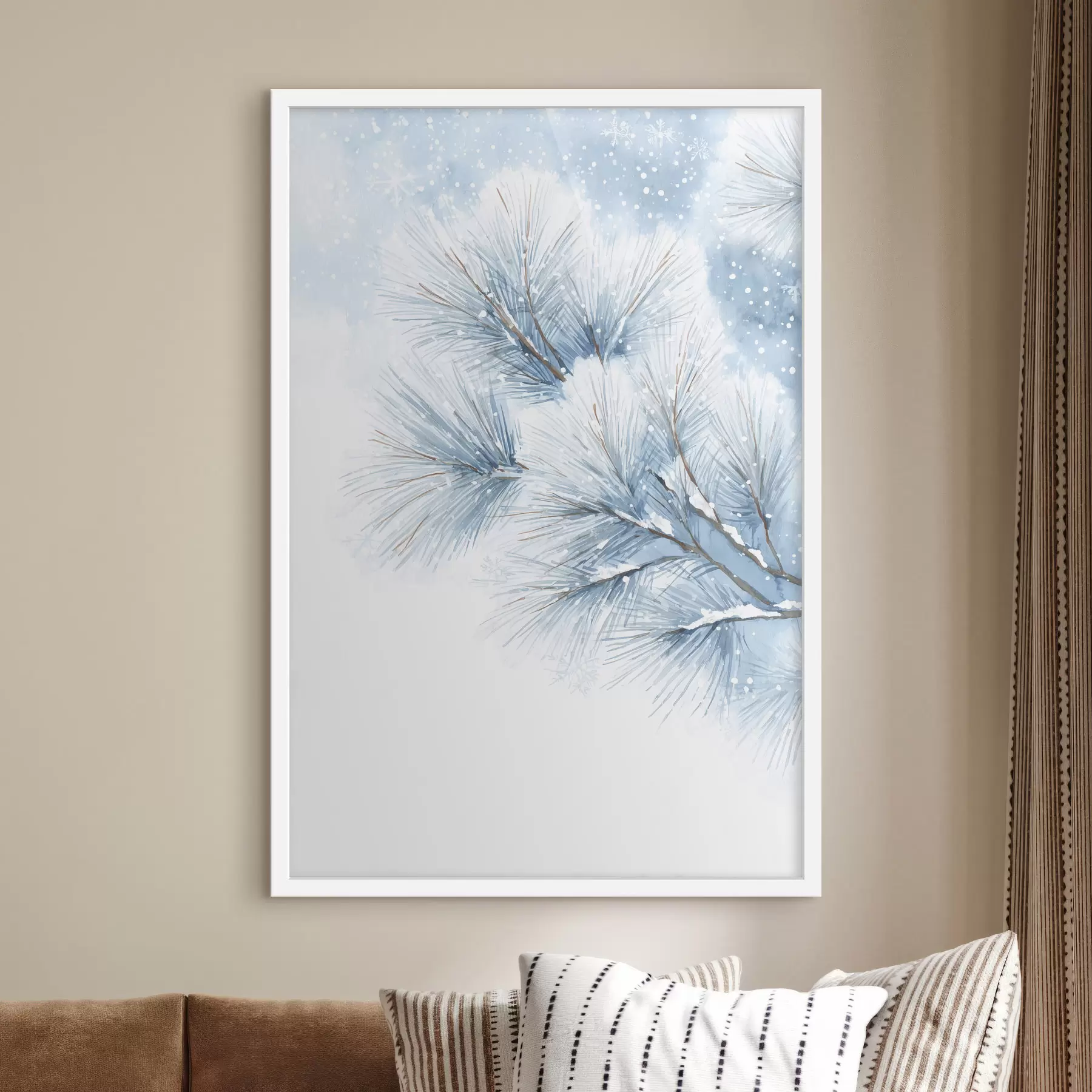 carta da parati ramo di pino ricoperto di neve in stile acquerello nr. f47114