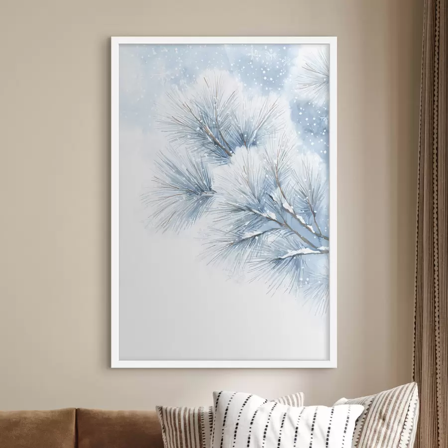 carta da parati ramo di pino ricoperto di neve in stile acquerello nr. f47114