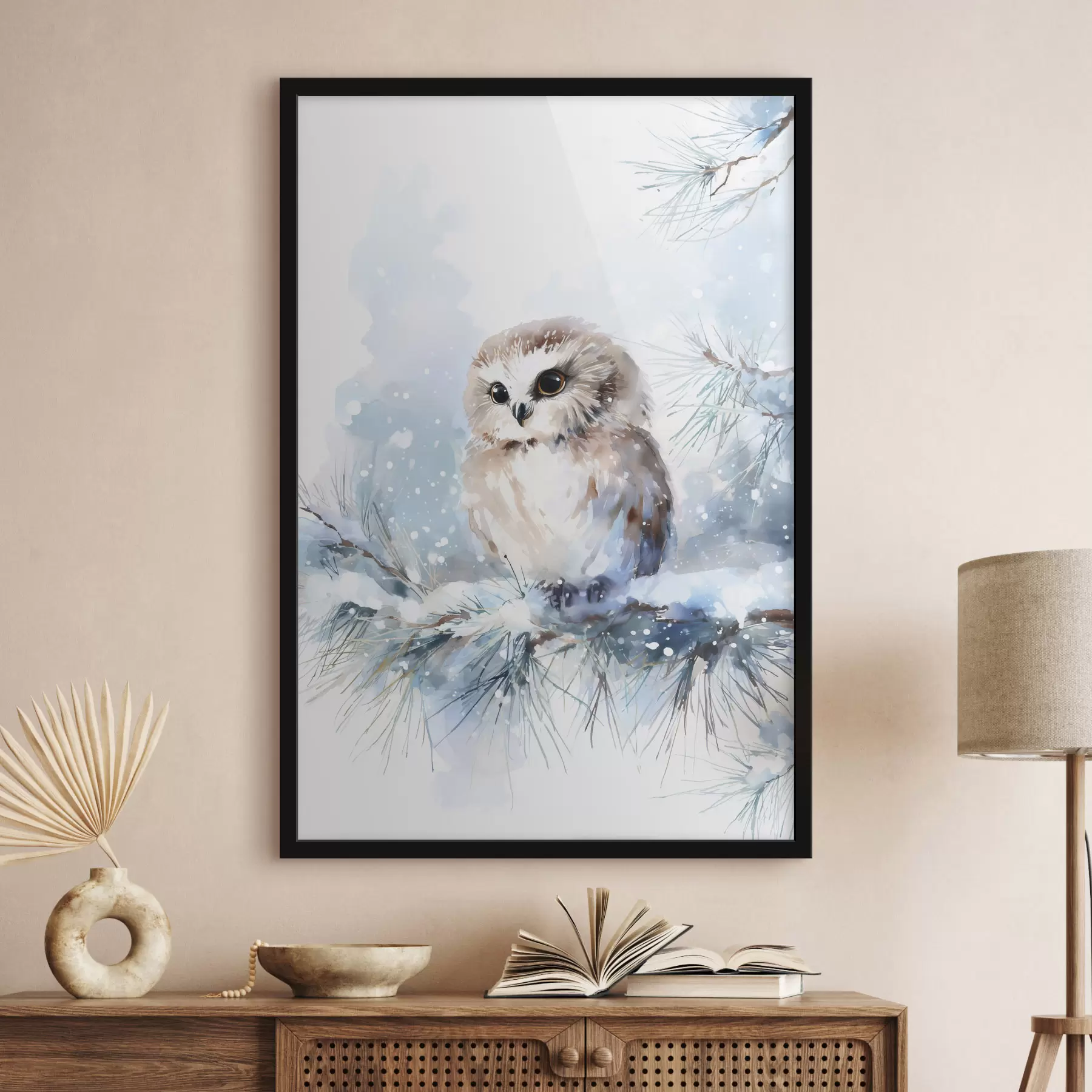 carta da parati simpatico gufo su un ramo di pino innevato in stile acquerello nr. f47115