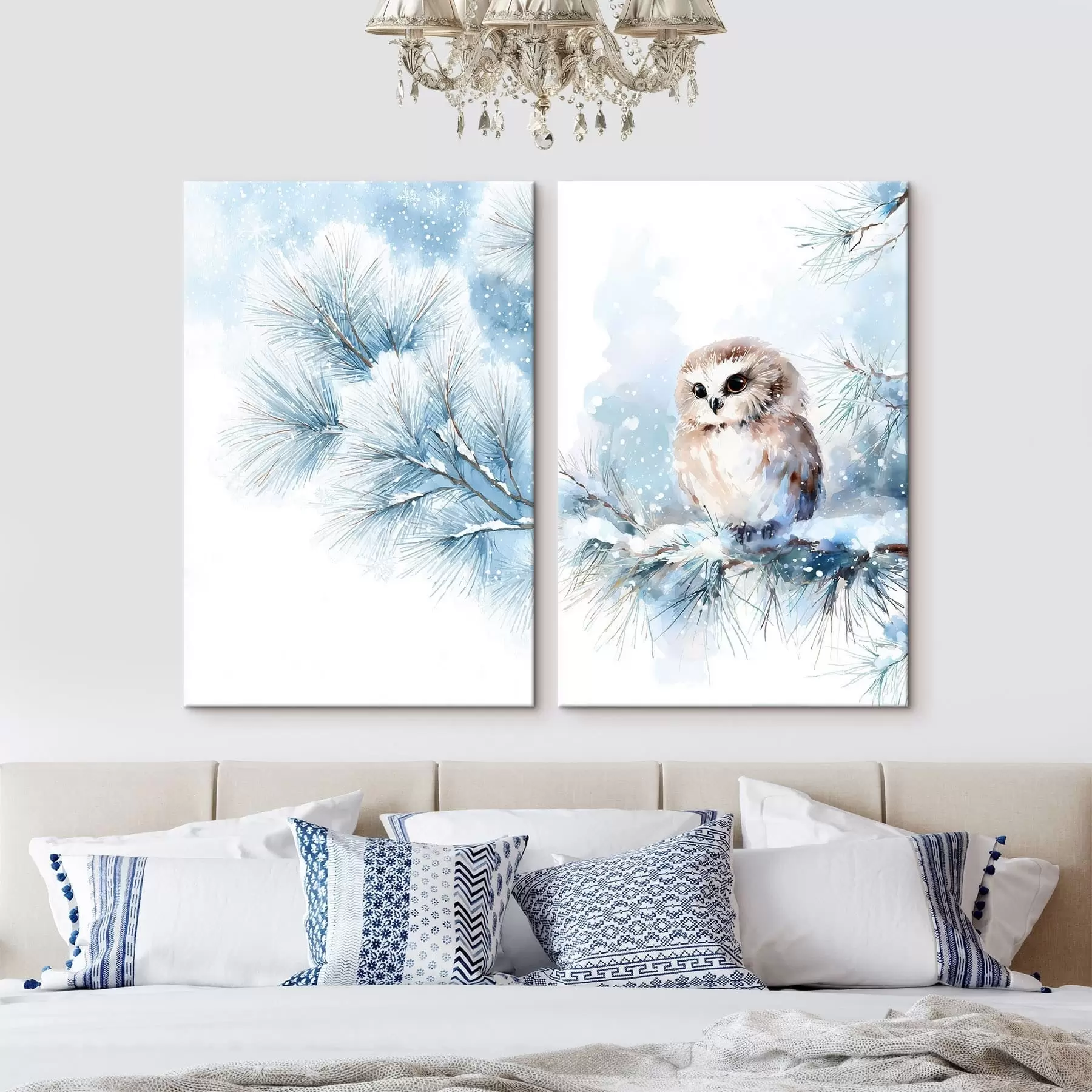 carta da parati simpatico gufo su un ramo di pino innevato in stile acquerello nr. m01168