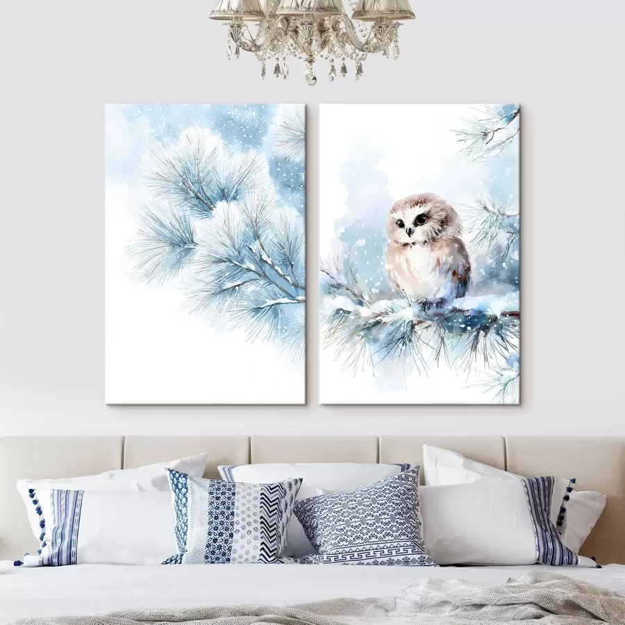 carta da parati simpatico gufo su un ramo di pino innevato in stile acquerello nr. m01168