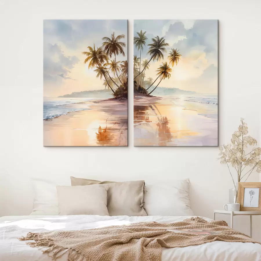 carta da parati tramonto sulla spiaggia di un'isola in stile acquerello nr. m01177