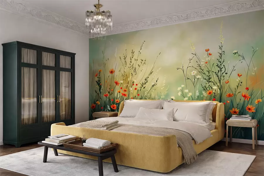 Carta da parati nature Fiori di campo ed erbe in uno stile pittorico morbido 