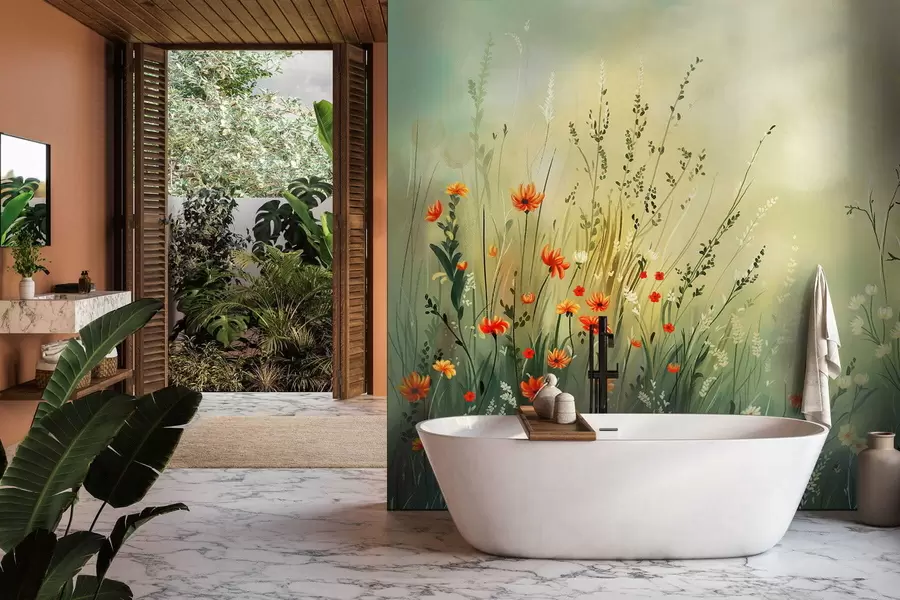Carta da parati nature Fiori di campo ed erbe in uno stile pittorico morbido 