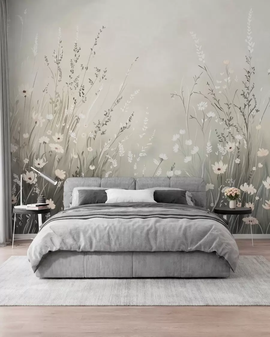 Carta da parati nature Dolce scena di prato con fiori bianchi ed erbe delicate 