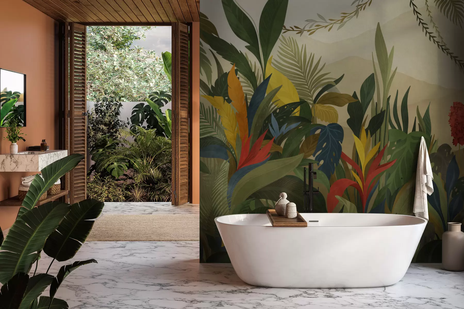 Carta da parati nature Fogliame tropicale con foglie grandi e fiori 