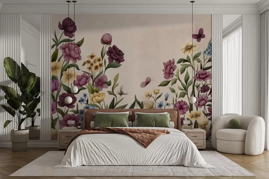 carta da parati Composizione floreale con piante e farfalle su sfondo chiaro nr. w05072