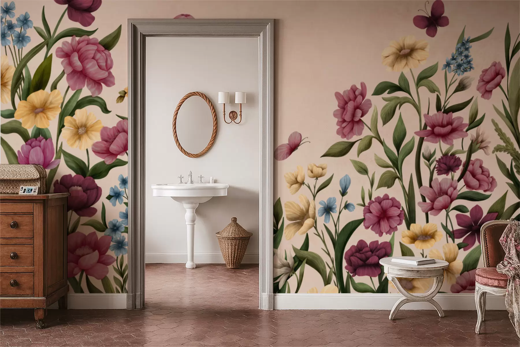 carta da parati Composizione floreale con piante e farfalle su sfondo chiaro nr. w05072