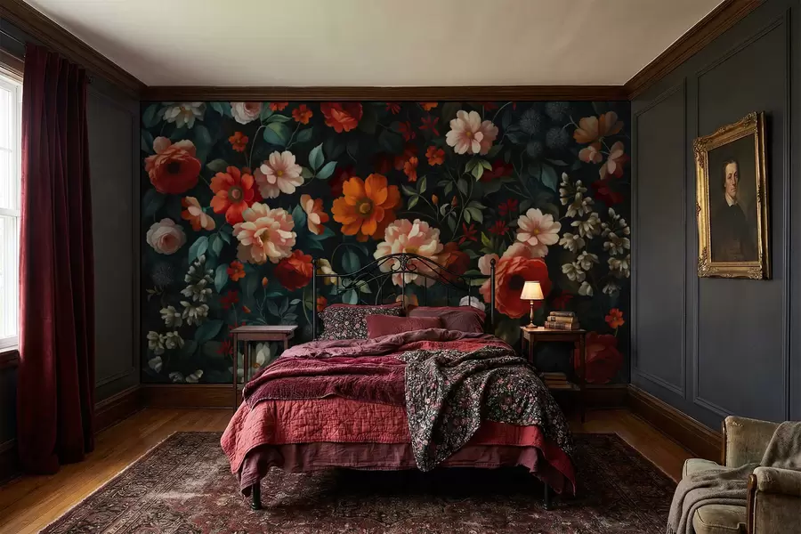 Carta da parati Floreale Motivo floreale scuro con rigogliosi fiori da giardino n. w05087